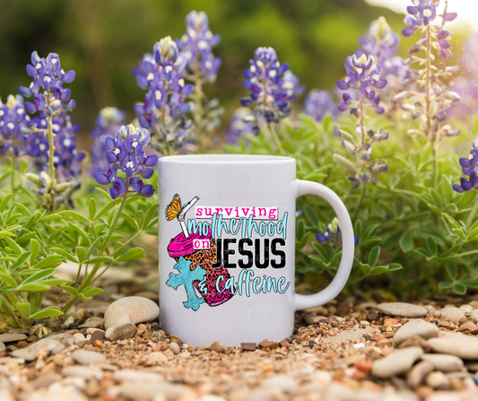 Surviving Motherhood on Jesus and Coffee (mug)