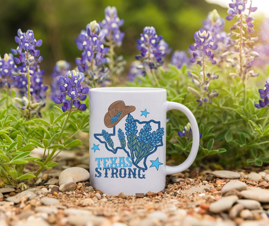 Texas Strong (bluebonnets + cowboy hat) (mug)